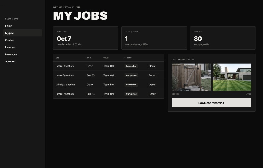 Customer web portal with jobs, quotes and before and after report