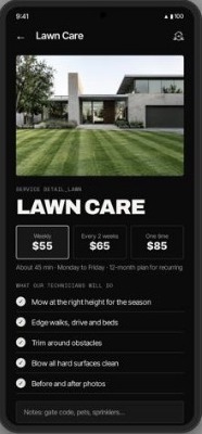 Service detail with weekly, every two weeks and one-time prices, dark mode