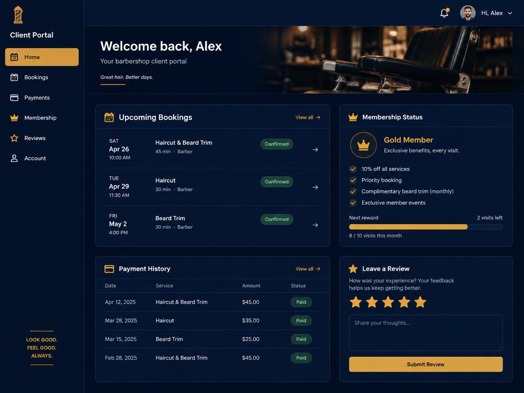 Client portal with bookings, membership and reviews