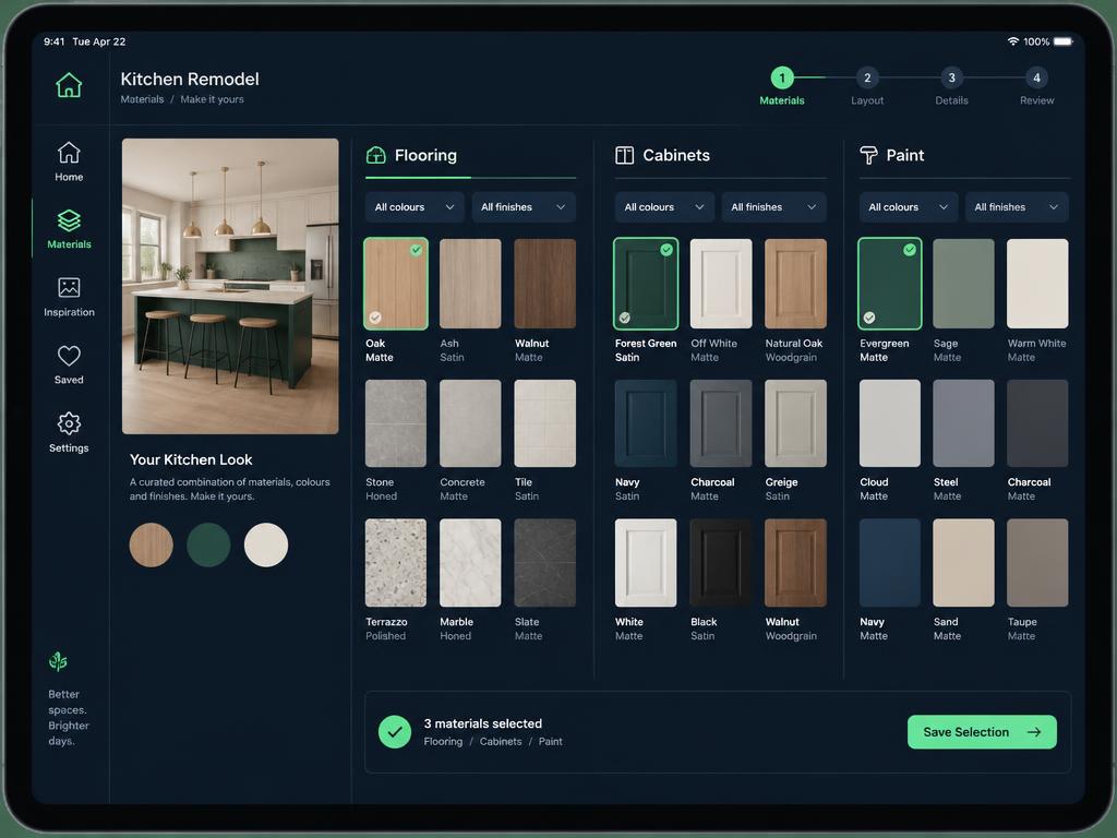 Material picker with flooring, cabinet and paint finishes