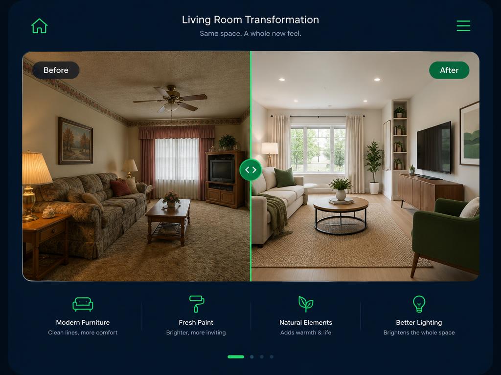 Before and after preview of a living room renovation