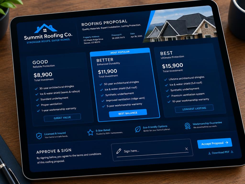 Branded good/better/best proposal with e-signature
